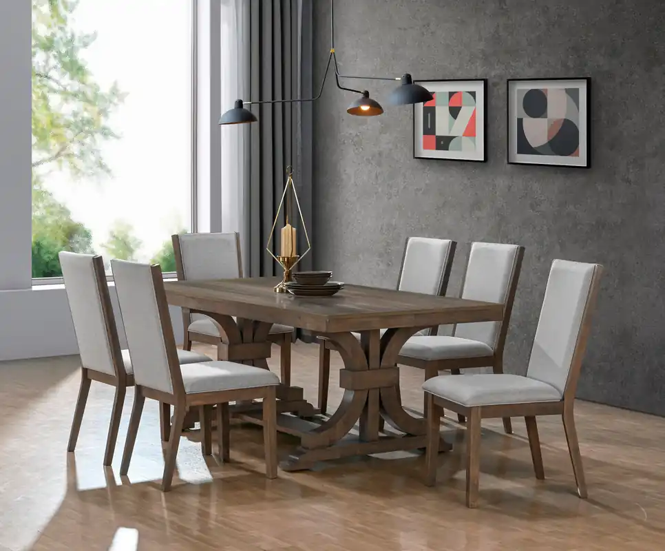 Transitional Antique Gray Rectangular Double Pedestal Trestle Dining Set with 6 Bone Upholstered Chairs - Mollai Collections