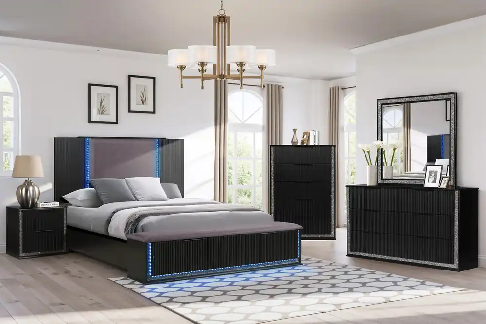 Modern Glam Black Storage Bedroom Set with LED Headboard & Footboard - Mollai Collections