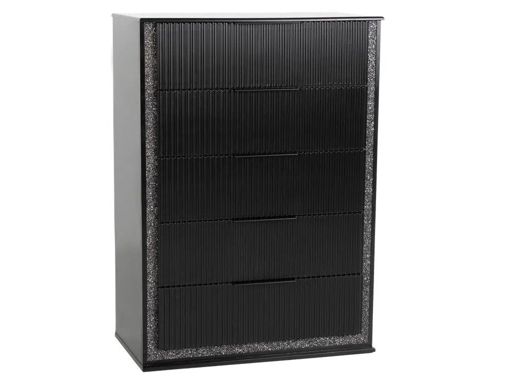 Modern Glam Black 5-Drawer Chest with Bling Trim & Felt-Lined Top Drawer