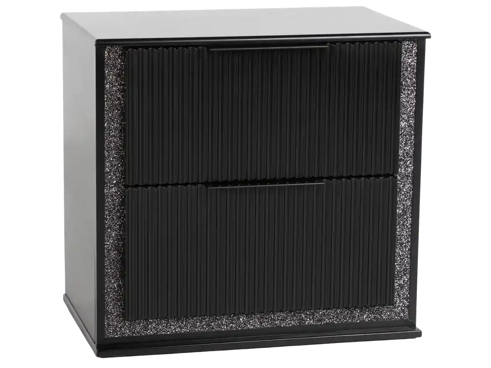 Modern Glam Black 2-Drawer Nightstand with Bling Trim & Felt-Lined Top Drawer