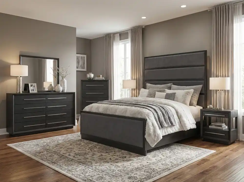 Durango Sofia Grey & Rush Pewter Upholstered Panel 6 Piece Bedroom Set - Mollai Collections