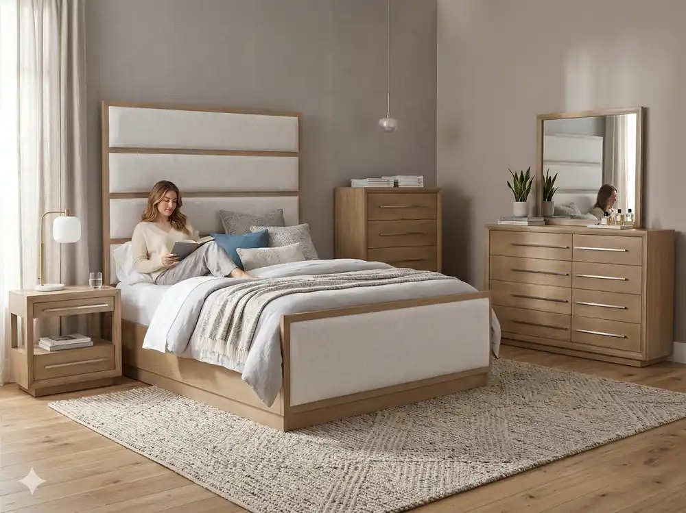 Durango Moka Wood & Natural Linen Upholstered Panel 6-Piece Bedroom Set