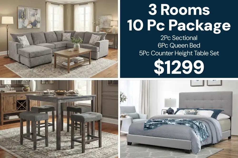 Modern Gray 3-Room 10-Piece Furniture Bundle Package
