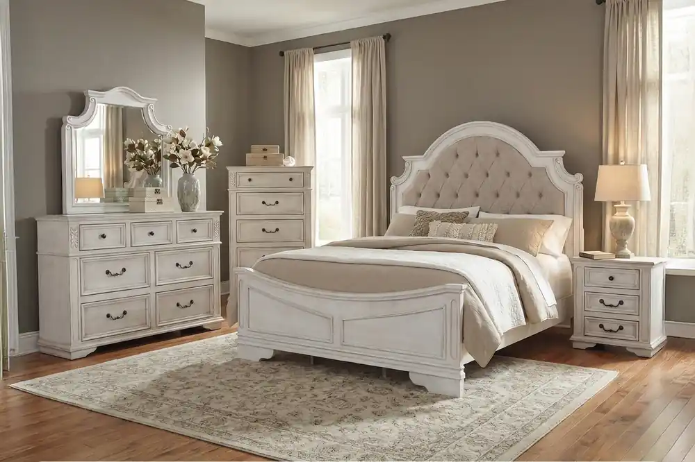 Magnolia Savanna White Farmhouse Style Upholstered Sleigh 6‑Piece Bedroom Set - Mollai Collections