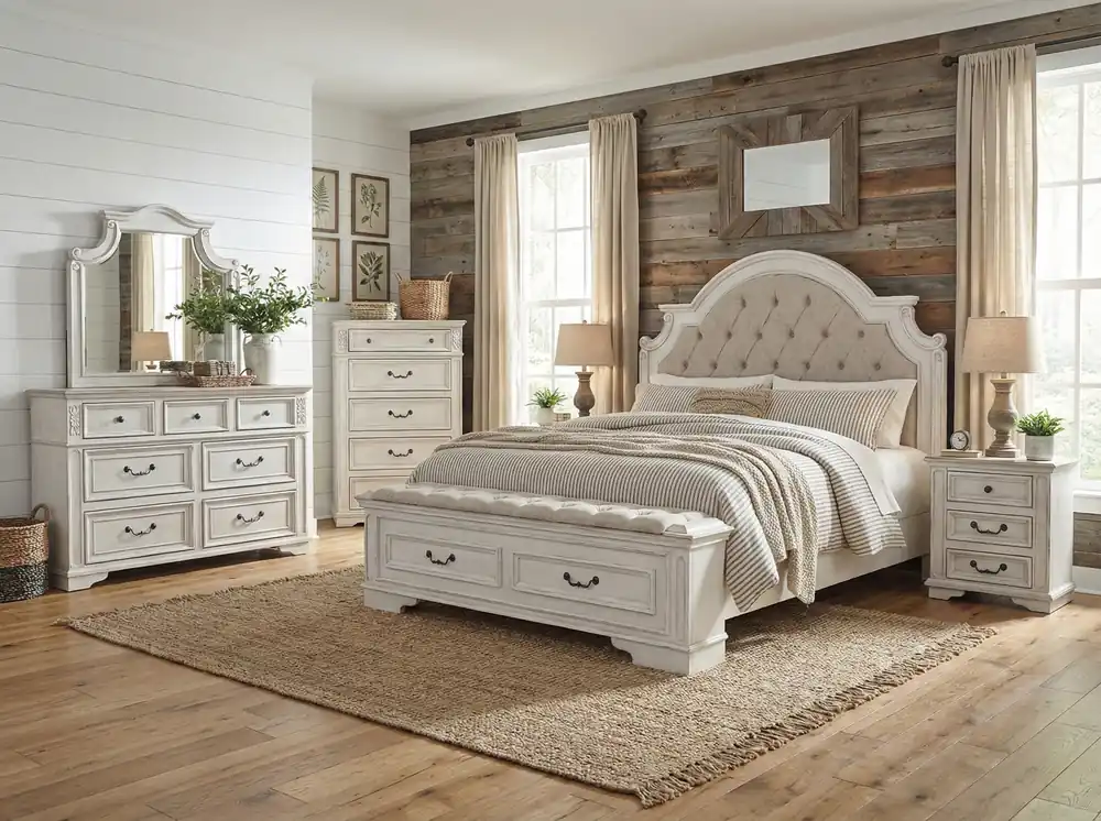 Magnolia Savanna White Farmhouse 6‑Piece Bedroom Set with Storage Footboard Bench - Mollai Collections