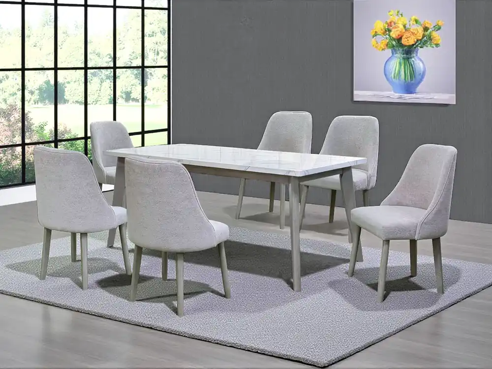 7-Piece Modern Rectangular Dining Set with White Stone-Style Top & 6 Light Gray Upholstered Chairs