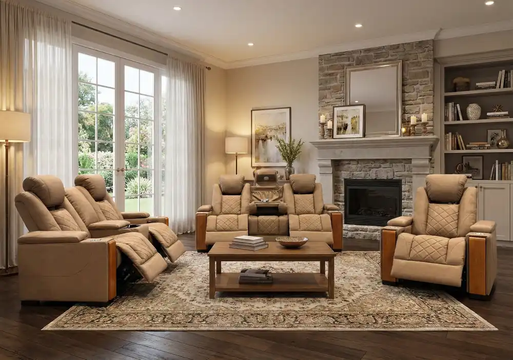 Modern 3-Piece Power Reclining Living Room Set in Camel - Power Headrests, USB & Wireless Charging, Hidden Armrest Storage, Cup Holders, & Reading Light