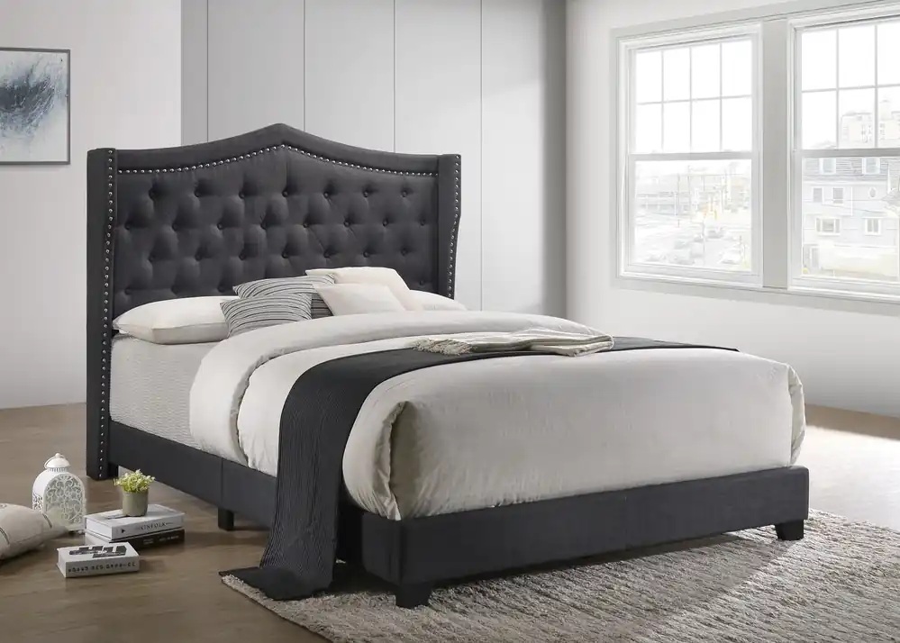 Contemporary Charcoal Gray Tufted Wingback Bed w/ Chrome Nailhead Trim - Mollai Collections