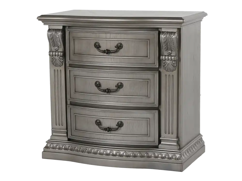 Grand-Platinum Traditional Nightstand with 3 Drawers & Carved Details