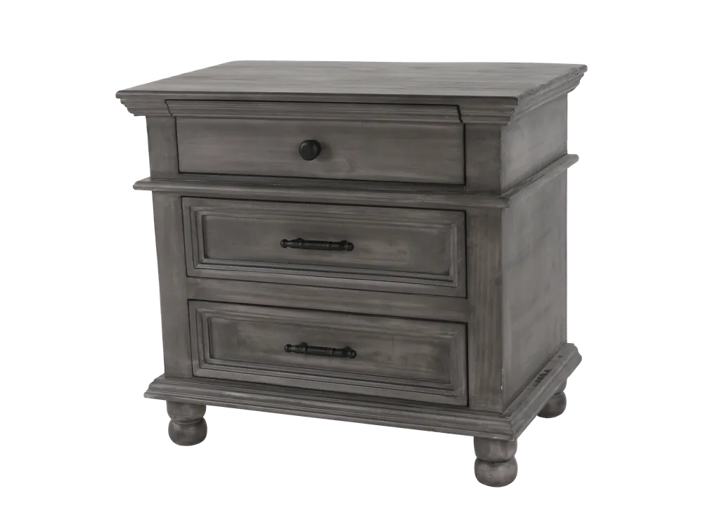Weathered Gray Farmhouse Nightstand with 3 Drawers & Turned Feet - Mollai Collections