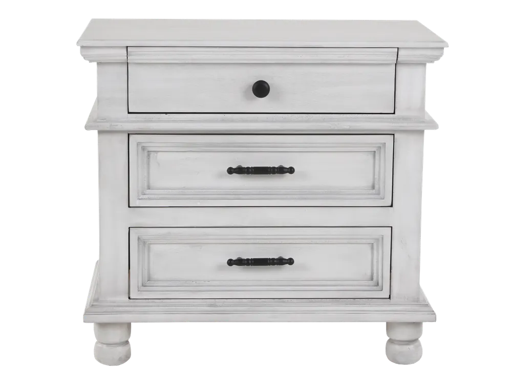 Distressed White Farmhouse Nightstand with 3 Drawers & Black Hardware - Mollai Collections