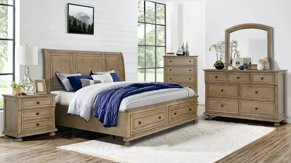 Vintage Oak Transitional Farmhouse Storage Panel Bedroom Set (King or Queen) w/ Storage Footboard - Mollai Collections