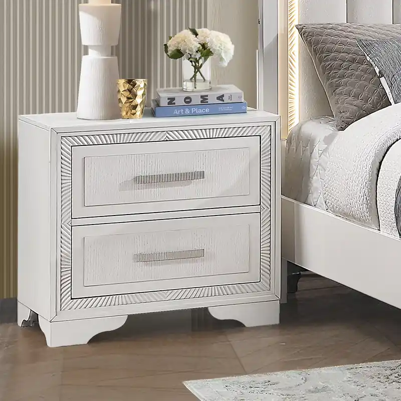 White Contemporary Glam Nightstand w/ Textured Drawer Fronts - Mollai Collections