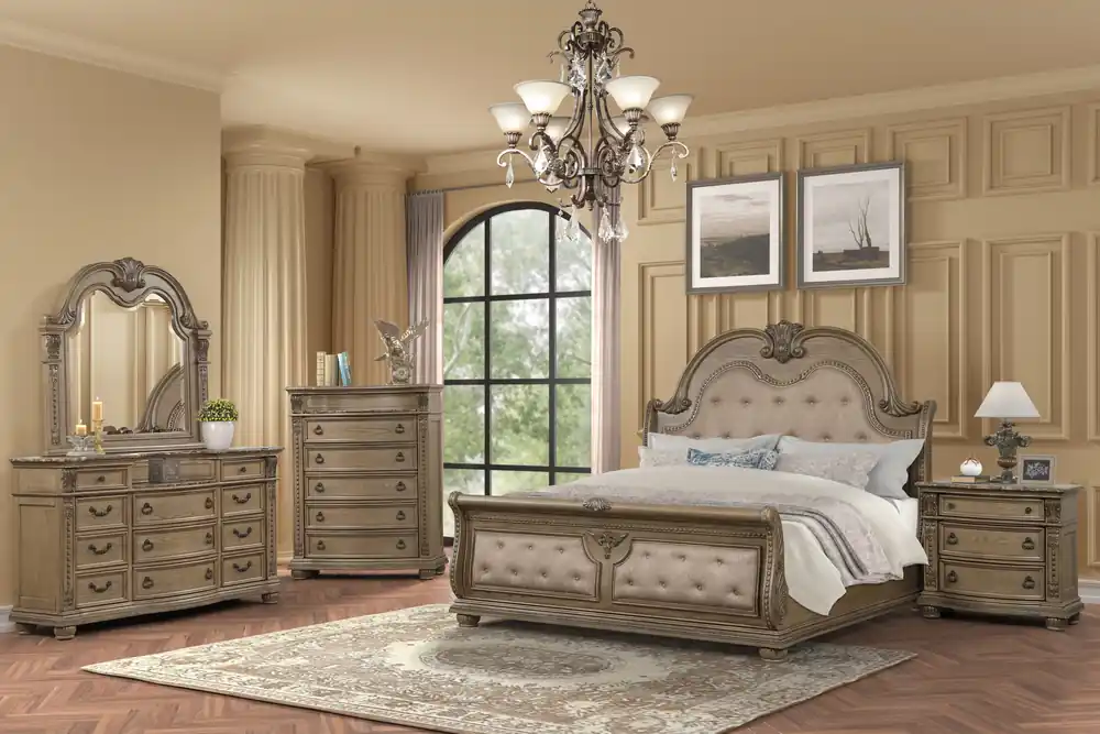 Kensington Estate Light Brown Traditional Upholstered Sleigh Bedroom Set - Mollai Collections