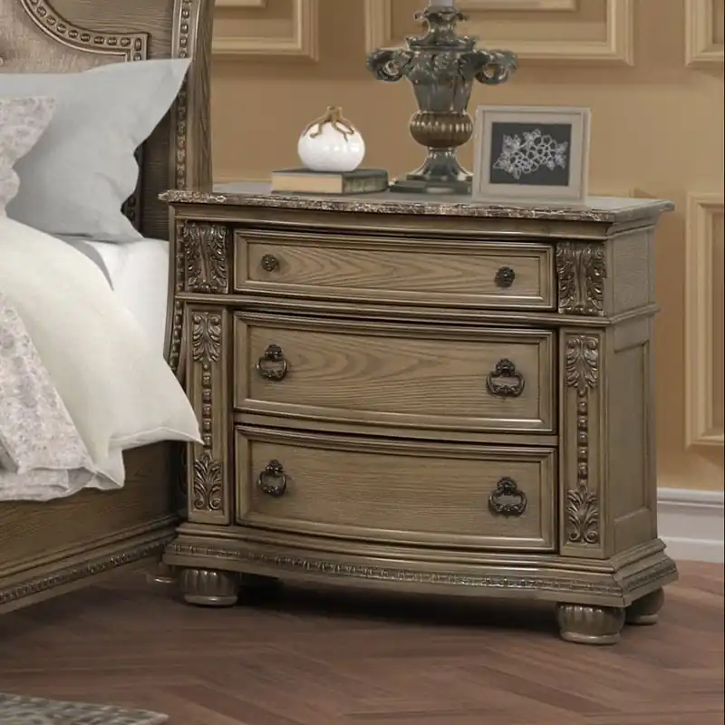 Kensington Estate Light Brown Nightstand with Marble Top and Metal Hardware - Mollai Collections