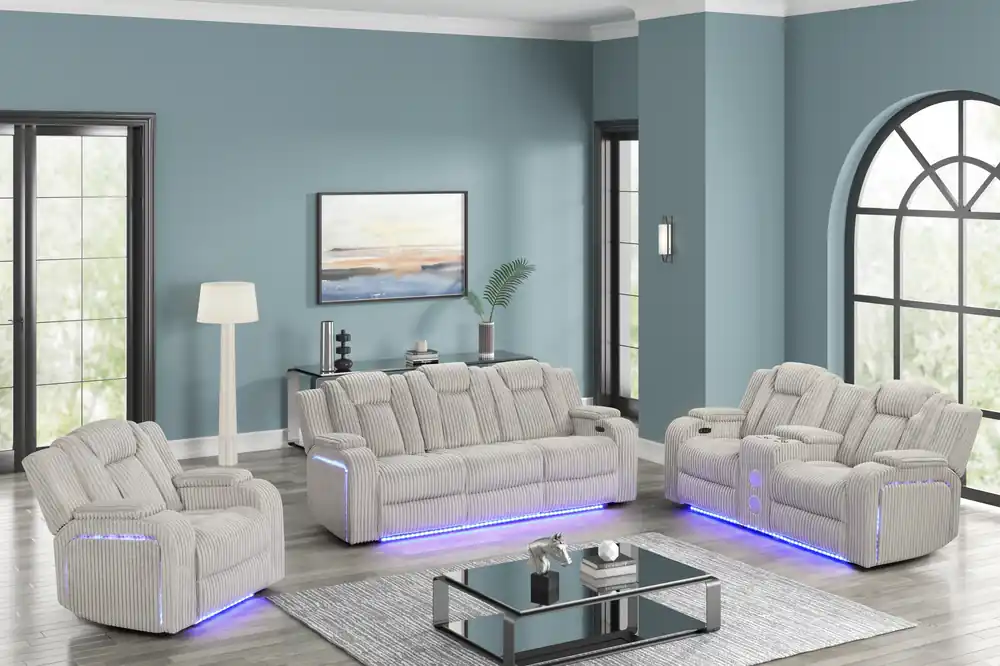 Light Grey Modern Corduroy 3-Piece Power Reclining Living Room Set with Power Headrests, LED Lights, Bluetooth Speakers, USB & Wireless Charging