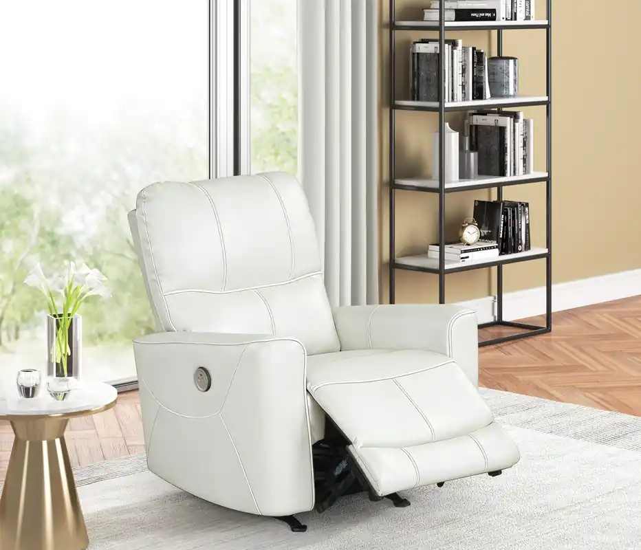 Cream Air Leather Power Rocker Recliner with USB Charging - Sara Collections