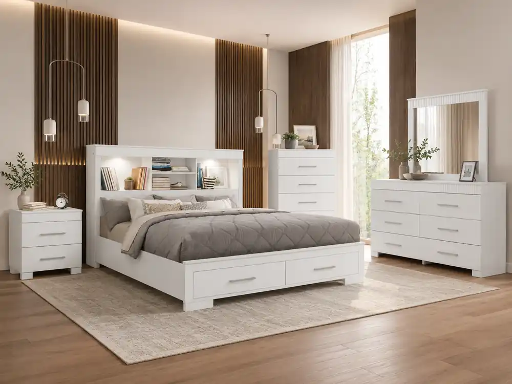 White LED Bookcase Storage Bedroom Set (Bed + Dresser + Mirror + Nightstand) - Mollai Collections