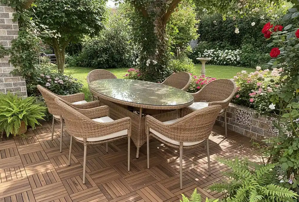 Coastal Natural Wicker Oval 7-Piece Outdoor Dining Set with Tempered Glass Top