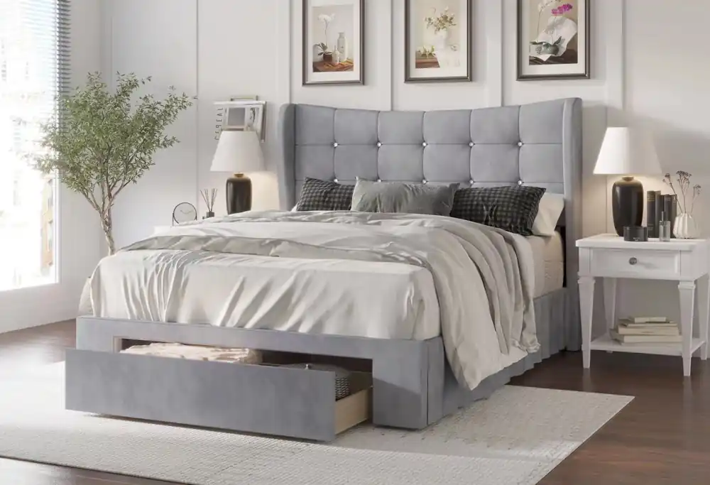 Gray Velvet Tufted Wingback Storage Queen Bed - Mollai Collections