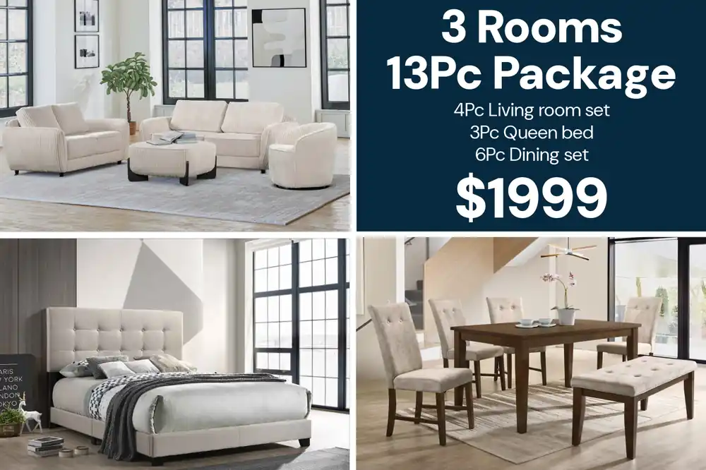Neutral Modern 3 Room Furniture Package with 4 Piece Living Room Set, Queen Bed & 6 Piece Dining Set - Room Package