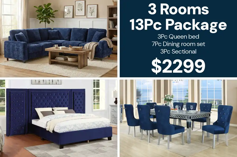 Blue Modern 3 Room Furniture Package with Tufted Queen Bed, Dining Set & Sectional Sofa - Room Package