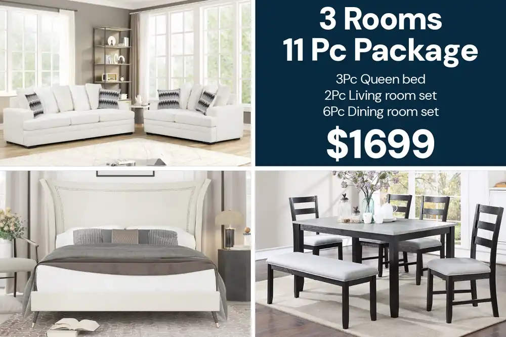 Beige Modern 3 Room Furniture Package with Wingback Queen Bed, 6 Piece Dining Set & 2 Piece Living Room Set - Room Package