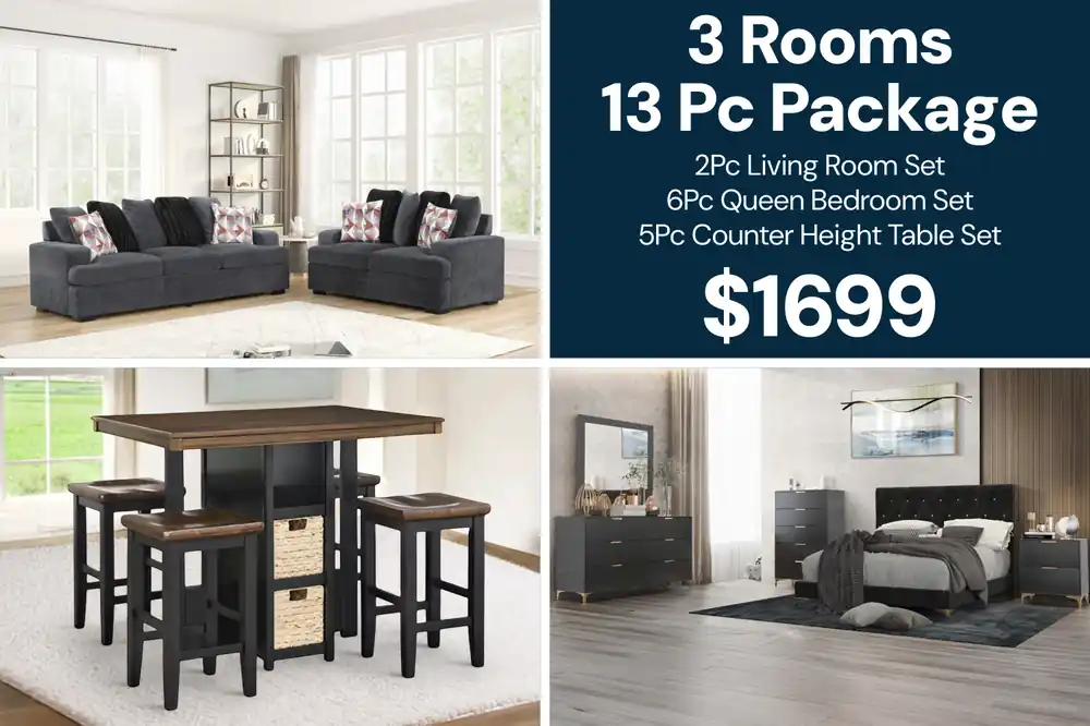 Grey 3 Rooms 13-Piece Furniture Bundle Package