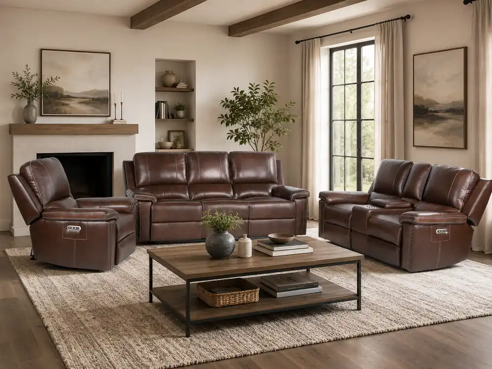 Chestnut Top Grain Leather Contemporary 3-Piece Dual Power Reclining Living Room Set with Console