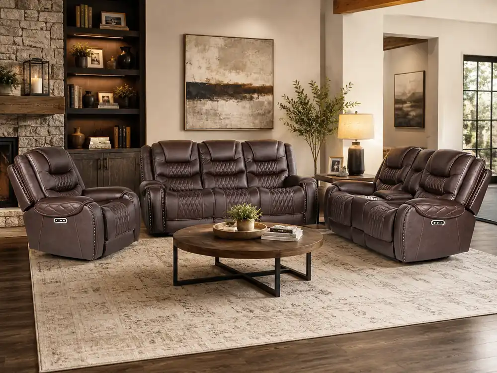 Umber Contemporary Top Grain Leather 3-Piece Dual Power Reclining Living Room Set with Console, USB & Wireless Charging