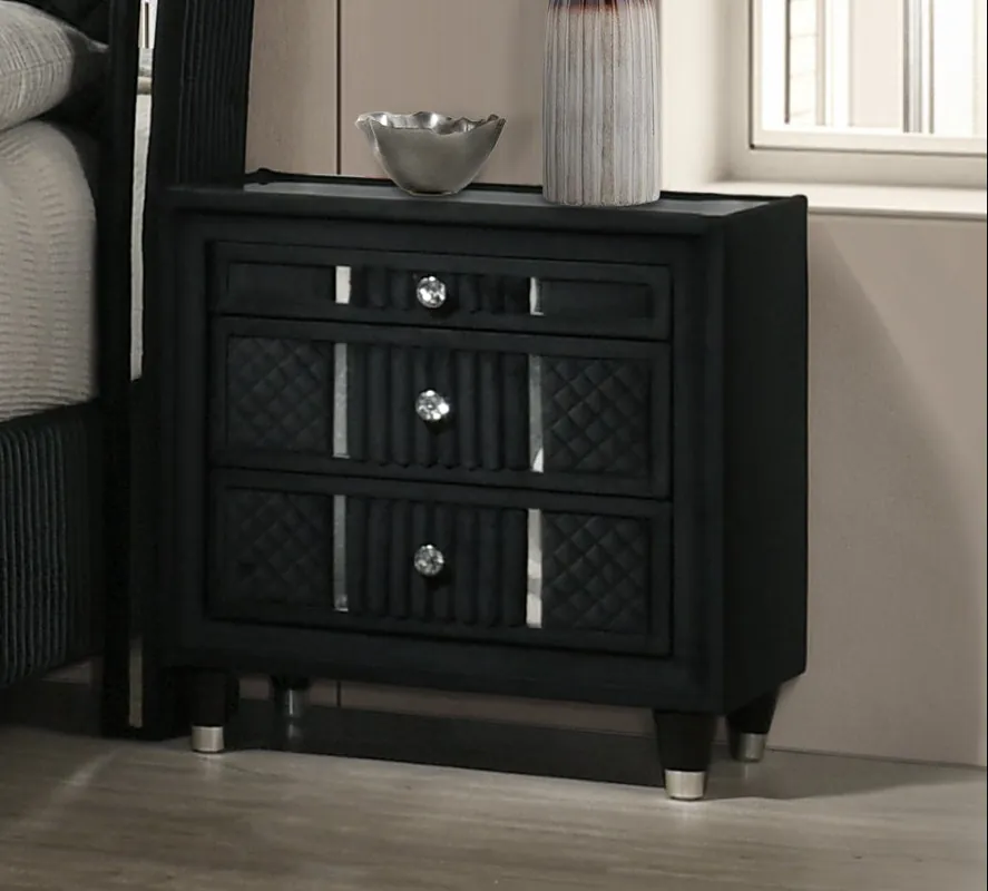 Velvet Black Glam Nightstand with Corduroy Accents - Mollai Collections