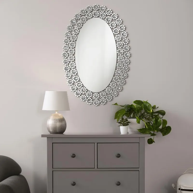 Colleen 31 x 47 Inch Oval Wall Mirror Crystal Flowers Silver - Coaster Furniture