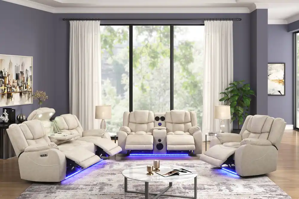Beige Air Leather 3-Piece Power Reclining Living Room Set w/ LED Lights, USB, Wireless Charging & Bluetooth Speaker