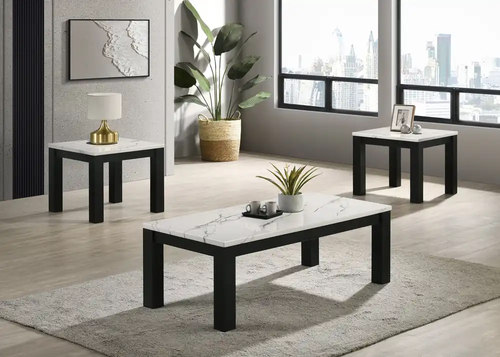 Ivy - 3 Piece Faux Marble White Cocktail Set - White / Black