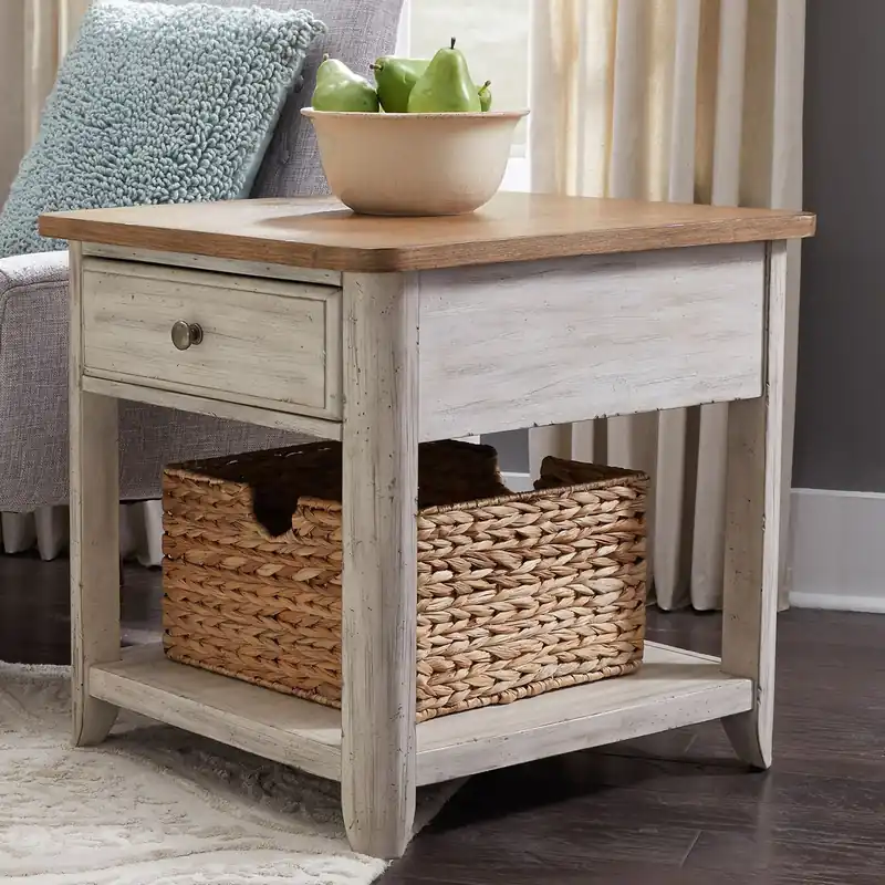 Farmhouse Reimagined End Table with Basket in Antique White - Liberty