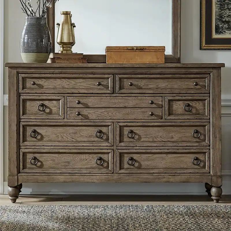 Americana Farmhouse 9 Drawer Dresser in Dusty Taupe and Black - Liberty