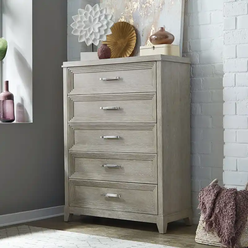 Belmar 5 Drawer Chest in Washed Taupe and Silver Champagne - Liberty