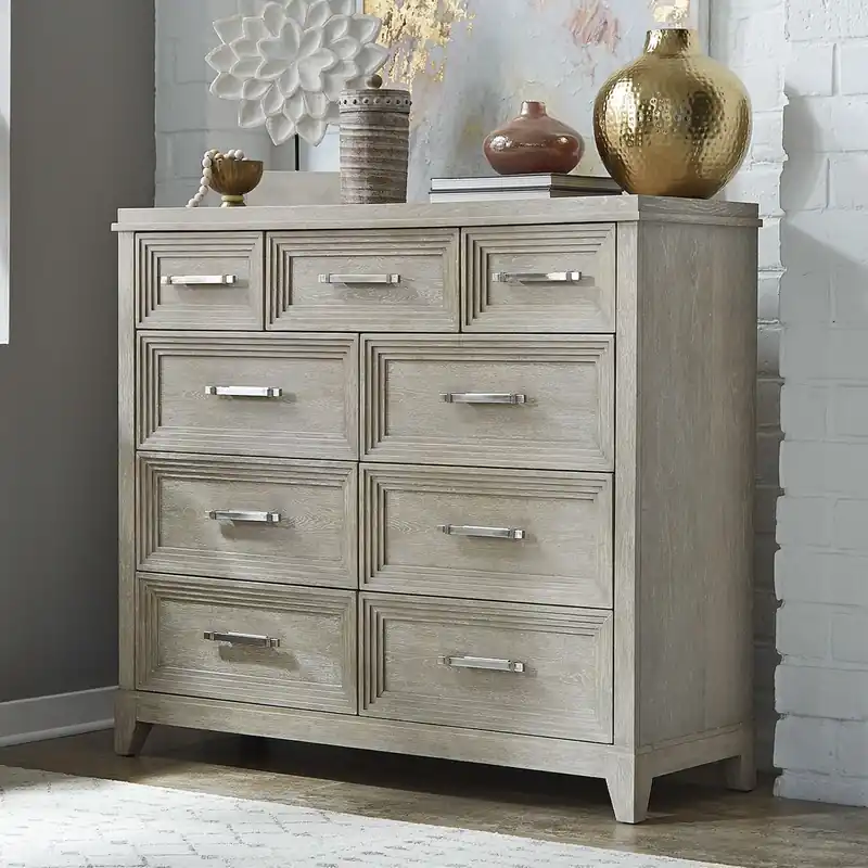 Belmar 9 Drawer Bureau Dresser in Washed Taupe and Silver Champagne - Liberty