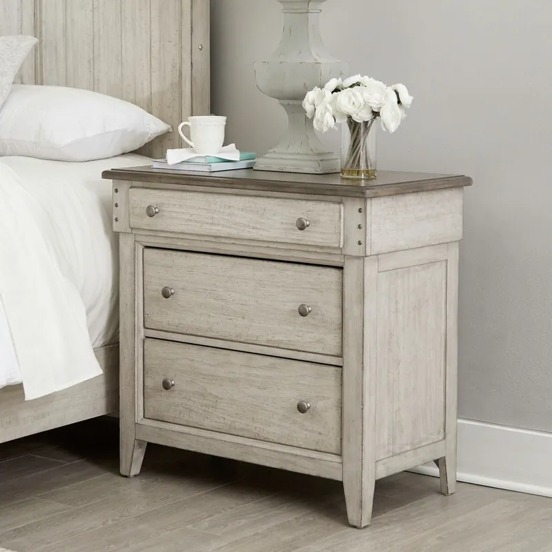Ivy Hollow 3 Drawer Bedside Chest w/ Charging Station in Weathered Linen - Liberty