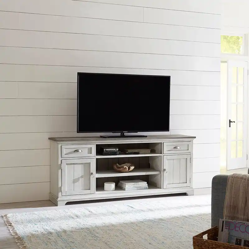 Ocean Isle 72 Inch Entertainment TV Stand in Antique White with Weathered Pine - Liberty