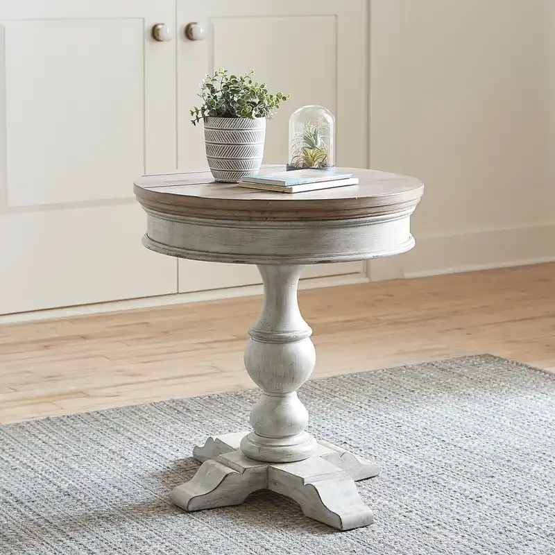 Heartland Round Pedestal Chair Side Table in Antique White - Liberty