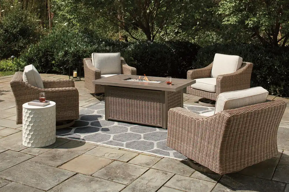 Beachcroft Beachcroft Fire Pit Table with Four Nuvella Swivel Lounge Chairs - Ashley Furniture