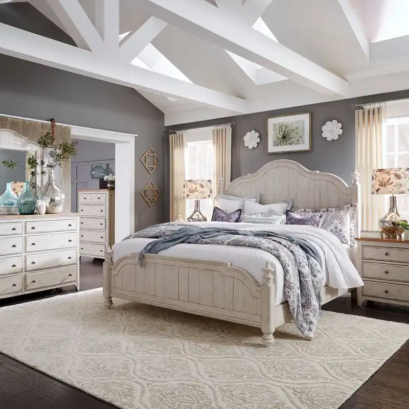 Farmhouse Reimagined King Poster Bed, Dresser & Mirror, Chest, Night Stand - Liberty