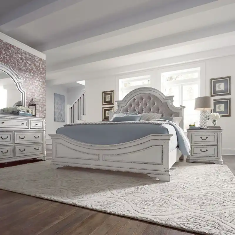 Magnolia Manor King California Upholstered Bed, Dresser & Mirror, Night Stand - Liberty