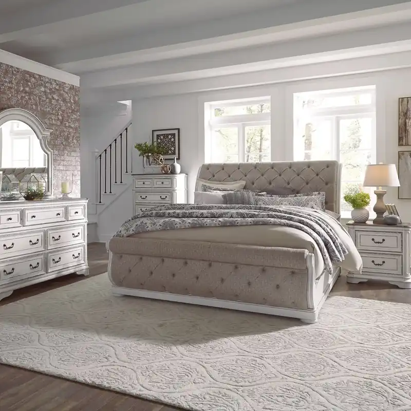 Magnolia Manor King California Upholstered Sleigh Bed, Dresser & Mirror, Chest, Night Stand - Liberty