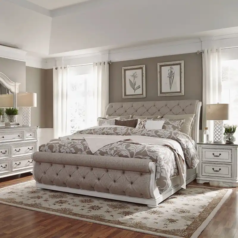Magnolia Manor King California Upholstered Sleigh Bed, Dresser & Mirror, Night Stand - Liberty