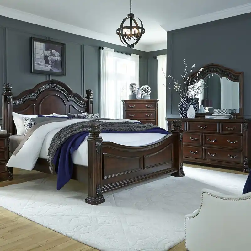 Messina Estates Queen Poster Bed, Dresser & Mirror, Chest - Liberty