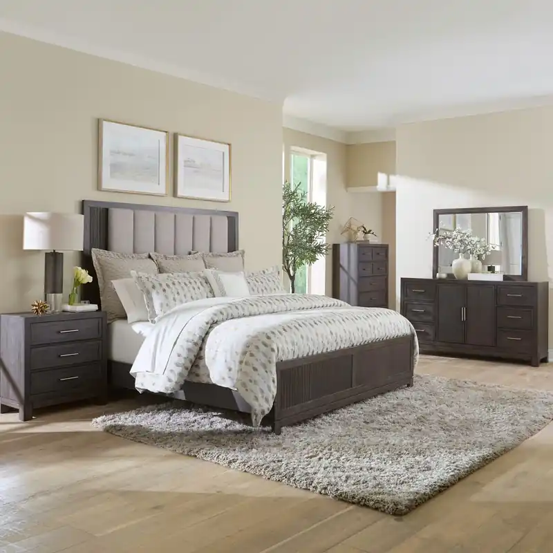 Modern Edge King California Uph Bed, Dresser & Mirror, Chest, Night Stand - Liberty