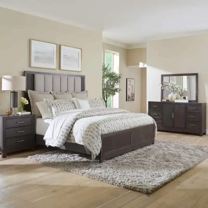 Modern Edge King California Uph Bed, Dresser & Mirror, Night Stand - Liberty
