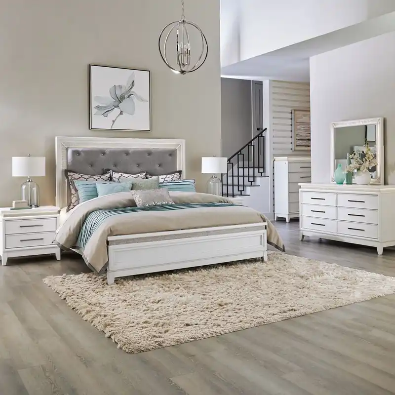 Reflections Queen Uph Bed, Dresser & Mirror, Chest, Night Stand - Liberty